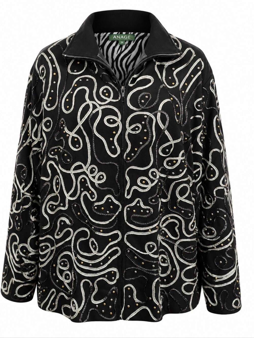 ANAGE | Black Silver Gold Textured Ribbon Beads Metallic Patterned Blazer | 3X